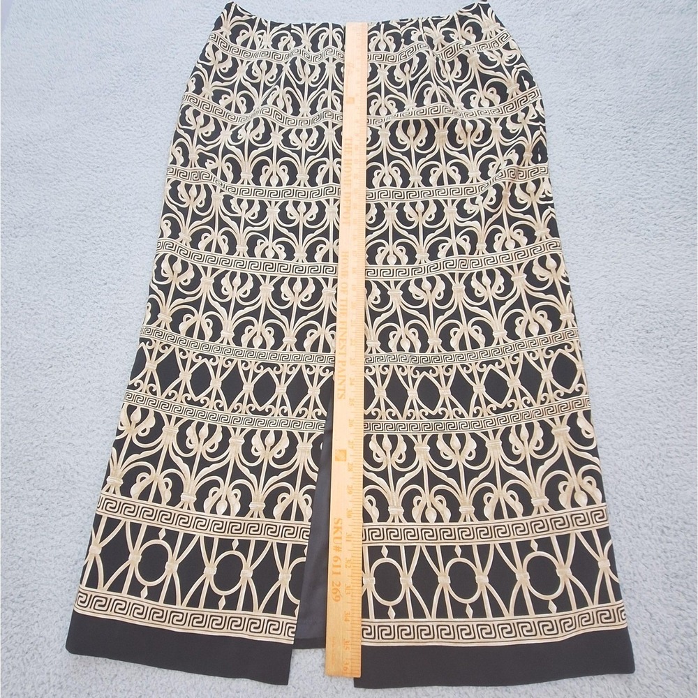 Talbots Skirt Womens 16 Black Tan Pure Silk Greek Key Geometric Midi Pencil - Picture 7 of 8